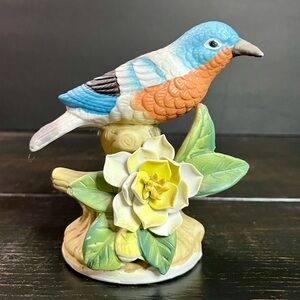 VTG  Eastern Blue Bird Ceramic Sitting On A Branch  w/ Yellow Flower & Leaves 5”